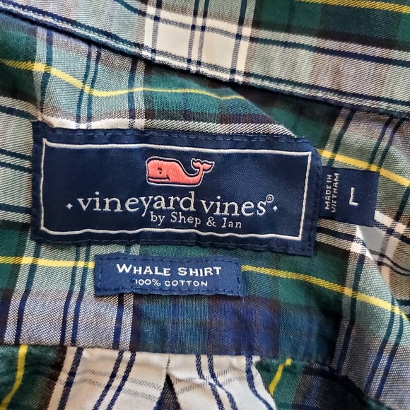 Vineyard Vines Men's Size‎ Large Long Sleeve Green Blue Plaid Whale Shirt - Picture 6 of 9